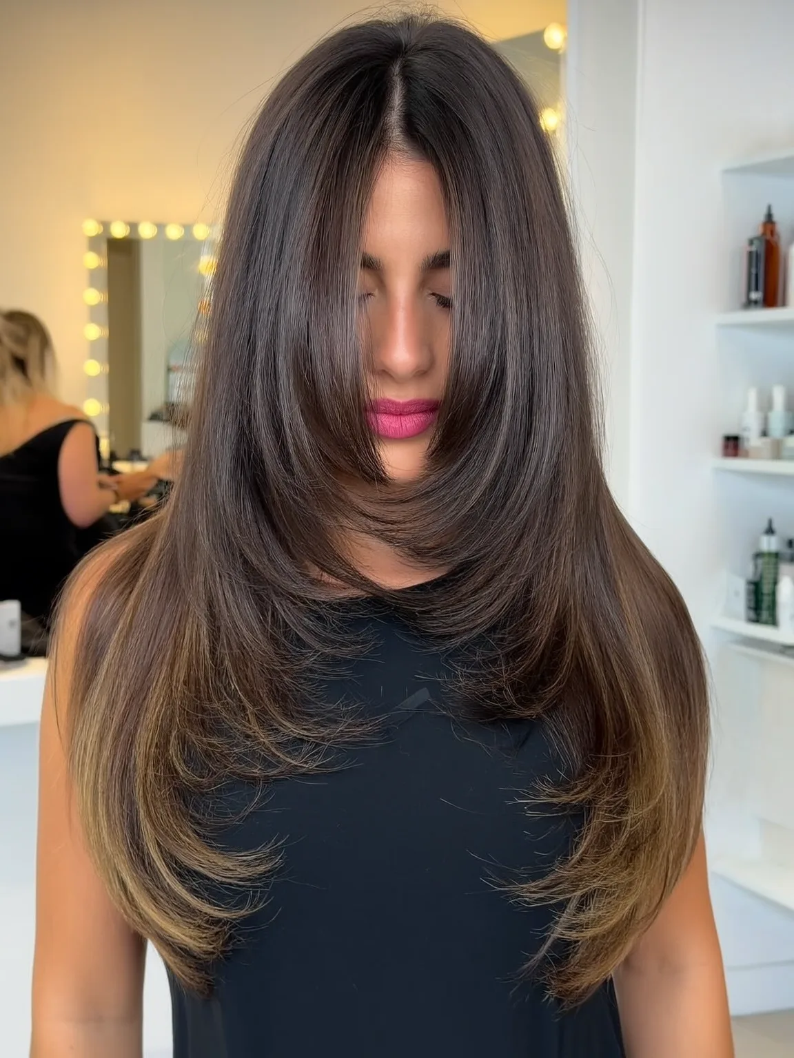 Long High-Volume Straight Chestnut Layers with Subtle Balayage